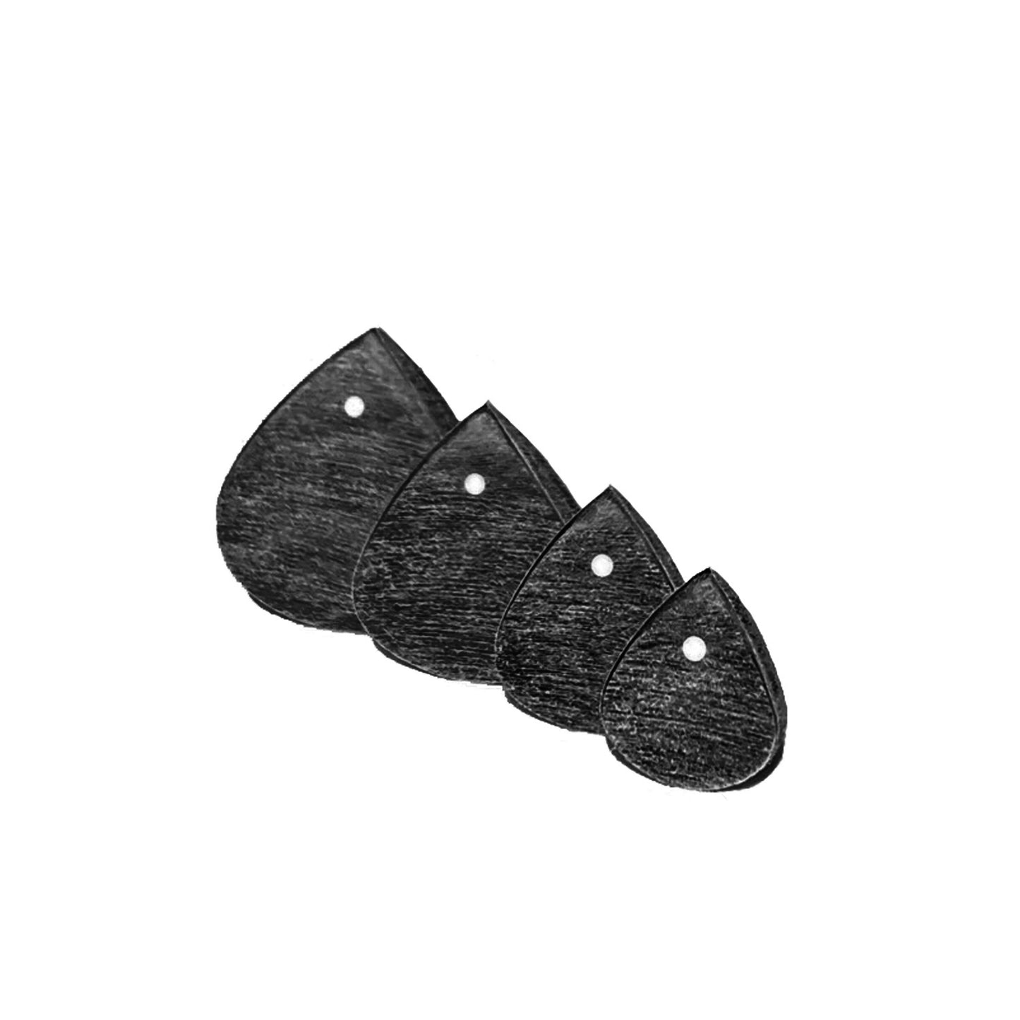 quad of black guitar picks from small to big standing side by side