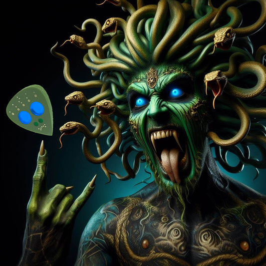 scary medusa image with the namesake guitar pick