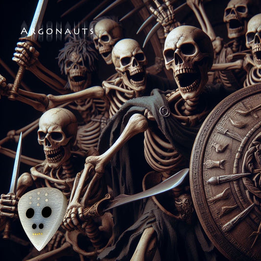 army of skeletons ready to fight with namesake guitar pick in foreground